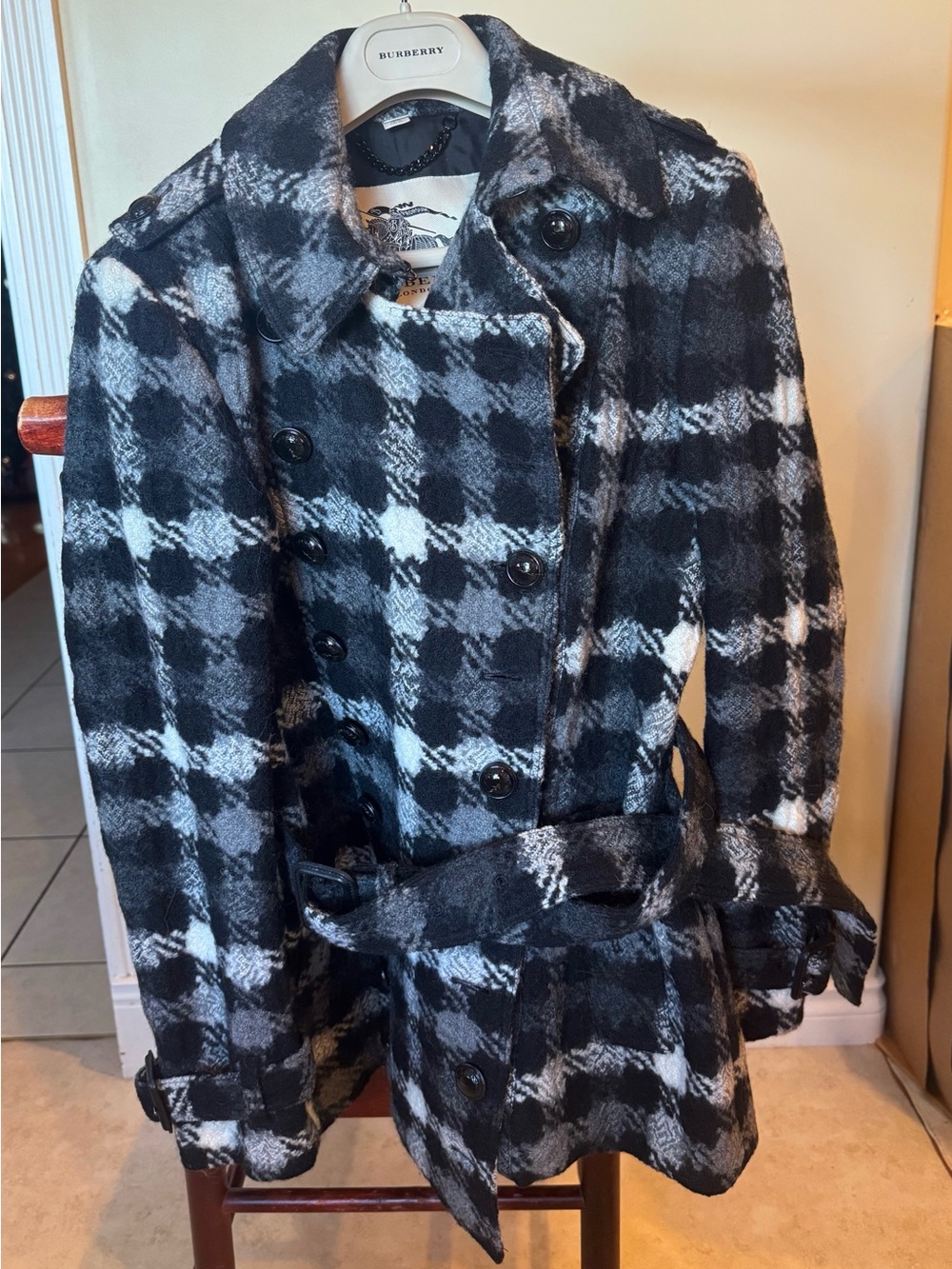 Burberry Black & White Plaid Double-Breasted Wool Coat with Waist Belt